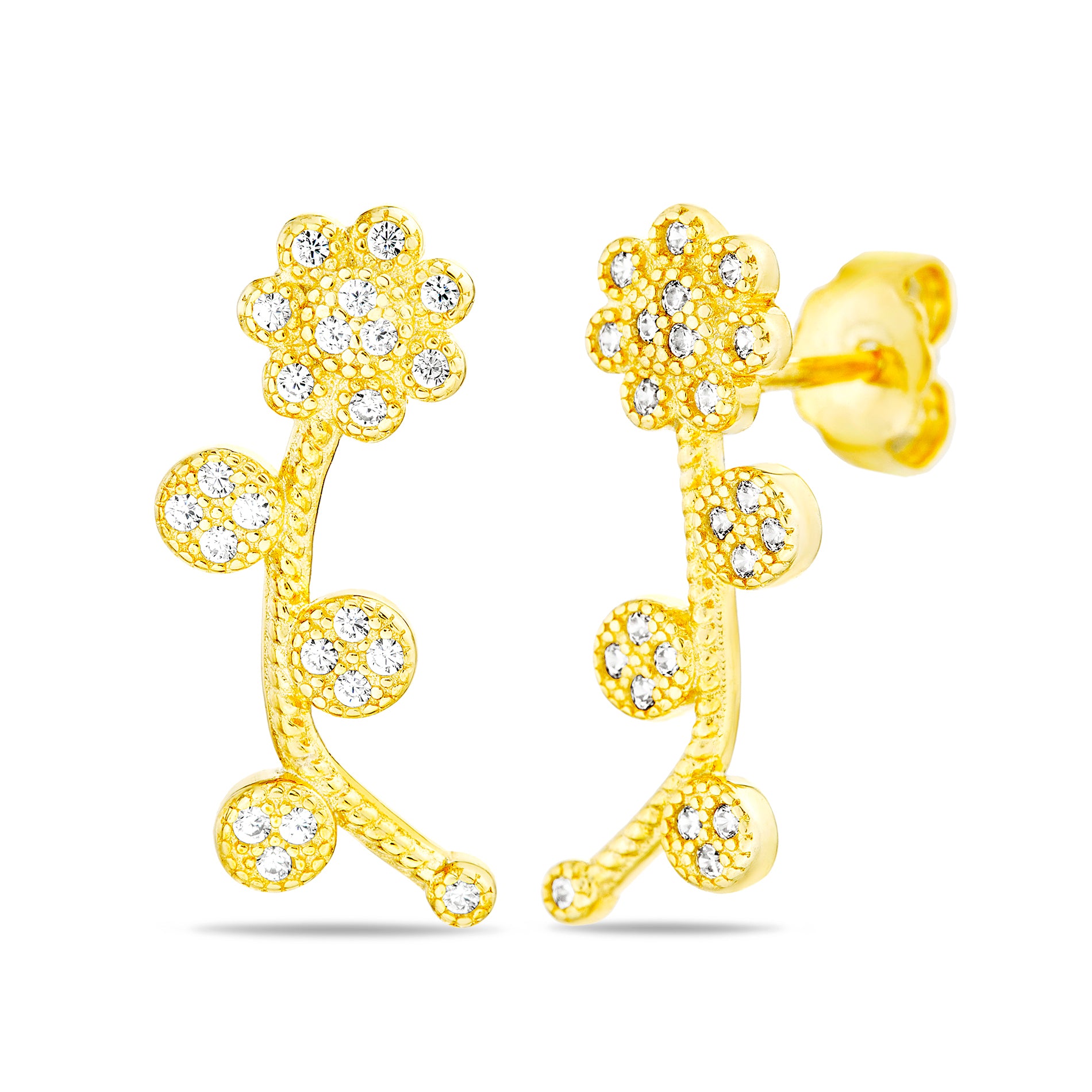 Gold Stemmed Flower CZ Earrings
